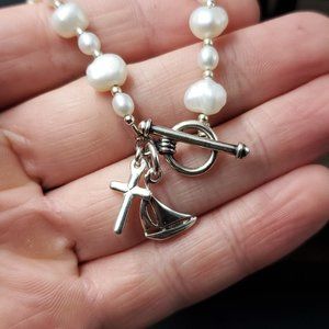 7 Inch Sterling Silver Sailboat And Cross Charms Pearl Bracelet